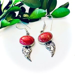 New 925 Sterling Silver Red Orange Coral Stone Hook Dangle Artisian Earrings